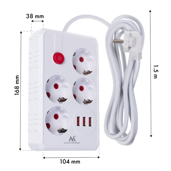 Maclean grenuttag, förlängningskabel 4 uttag + 3xUSB, 110-240V AC 50/60Hz, 2,1A max 2500W, 1,5m, vit, MCE392 W