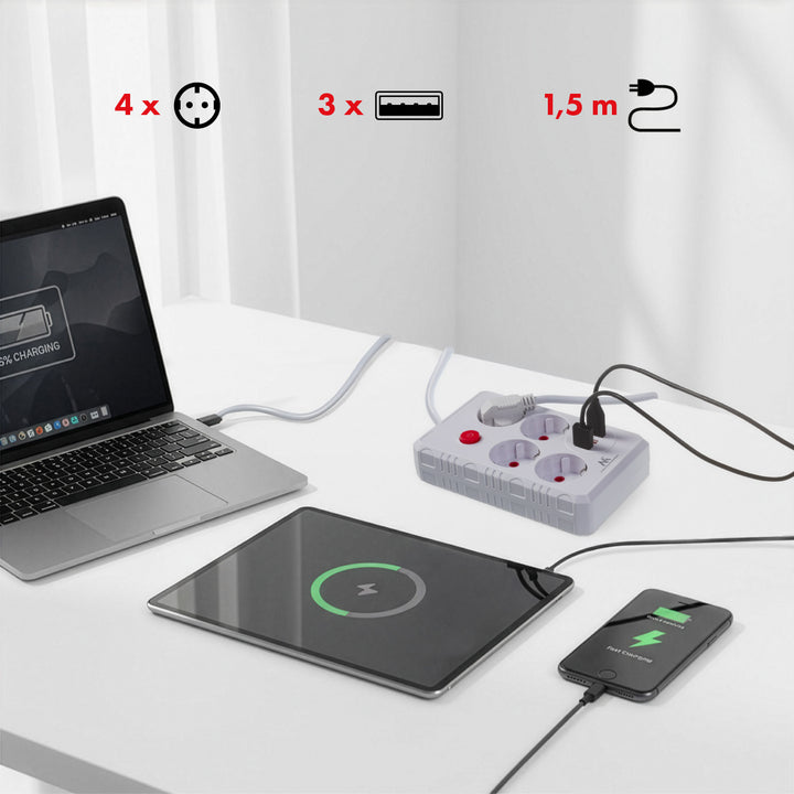Maclean grenuttag, förlängningskabel 4 uttag + 3xUSB, 110-240V AC 50/60Hz, 2,1A max 2500W, 1,5m, vit, MCE392 W
