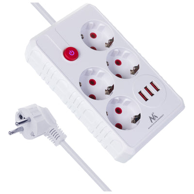 Maclean grenuttag, förlängningskabel 4 uttag + 3xUSB, 110-240V AC 50/60Hz, 2,1A max 2500W, 1,5m, vit, MCE392 W