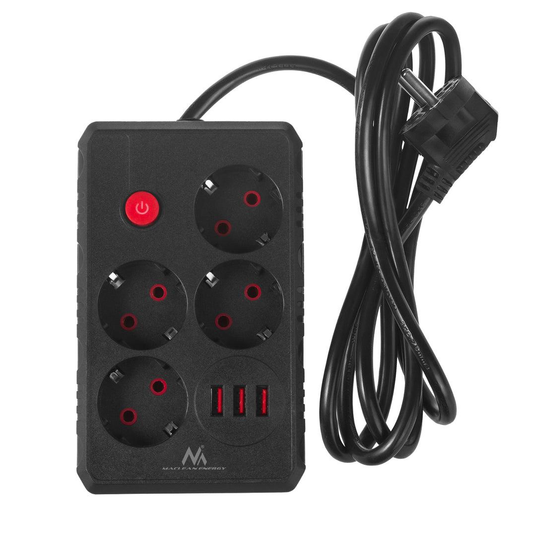 Maclean grenuttag, förlängningskabel 4 uttag + 3xUSB, 110-240V AC 50/60Hz, 2,1A max 2500W, 1,5m, svart, MCE392 B