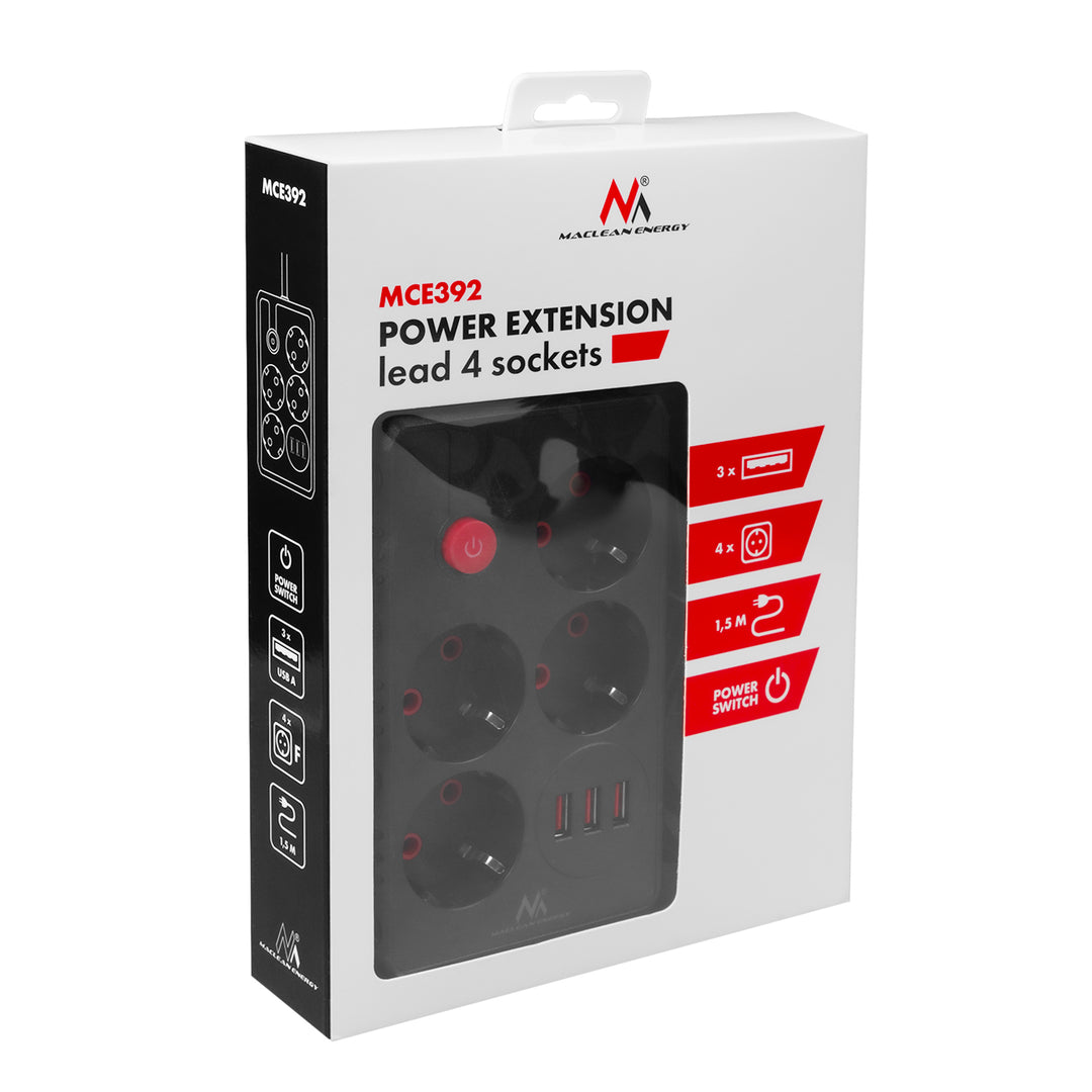 Maclean grenuttag, förlängningskabel 4 uttag + 3xUSB, 110-240V AC 50/60Hz, 2,1A max 2500W, 1,5m, svart, MCE392 B