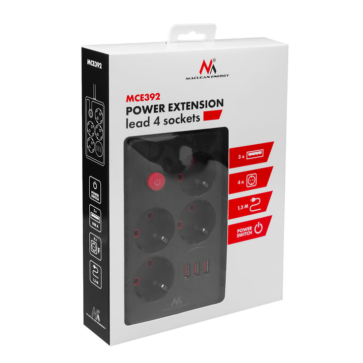 Maclean grenuttag, förlängningskabel 4 uttag + 3xUSB, 110-240V AC 50/60Hz, 2,1A max 2500W, 1,5m, svart, MCE392 B