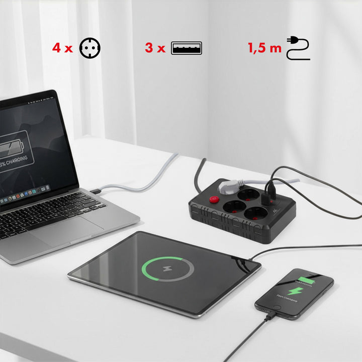 Maclean grenuttag, förlängningskabel 4 uttag + 3xUSB, 110-240V AC 50/60Hz, 2,1A max 2500W, 1,5m, svart, MCE392 B