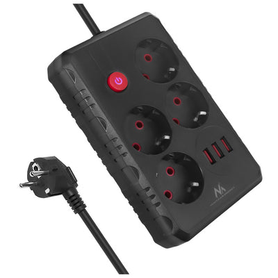 Maclean grenuttag, förlängningskabel 4 uttag + 3xUSB, 110-240V AC 50/60Hz, 2,1A max 2500W, 1,5m, svart, MCE392 B