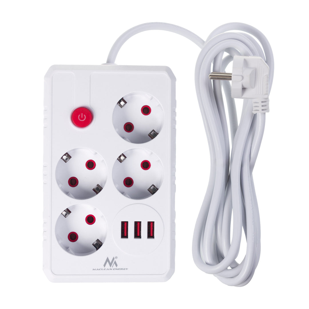 Maclean grenuttag, förlängningskabel 4 uttag + 3xUSB, 110-240V AC 50/60Hz, 2.1A max 2500W, 3m, vit, MCE393 W