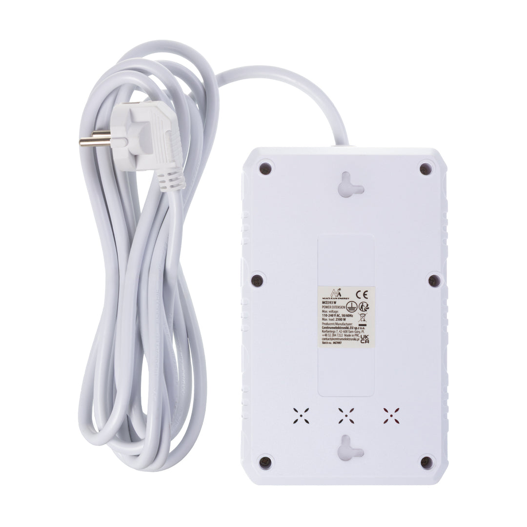 Maclean grenuttag, förlängningskabel 4 uttag + 3xUSB, 110-240V AC 50/60Hz, 2.1A max 2500W, 3m, vit, MCE393 W