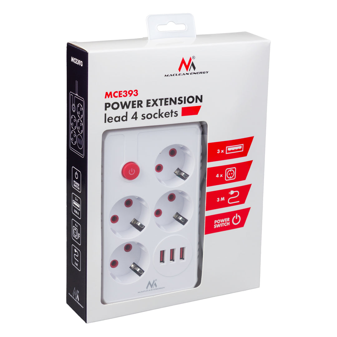 Maclean grenuttag, förlängningskabel 4 uttag + 3xUSB, 110-240V AC 50/60Hz, 2.1A max 2500W, 3m, vit, MCE393 W