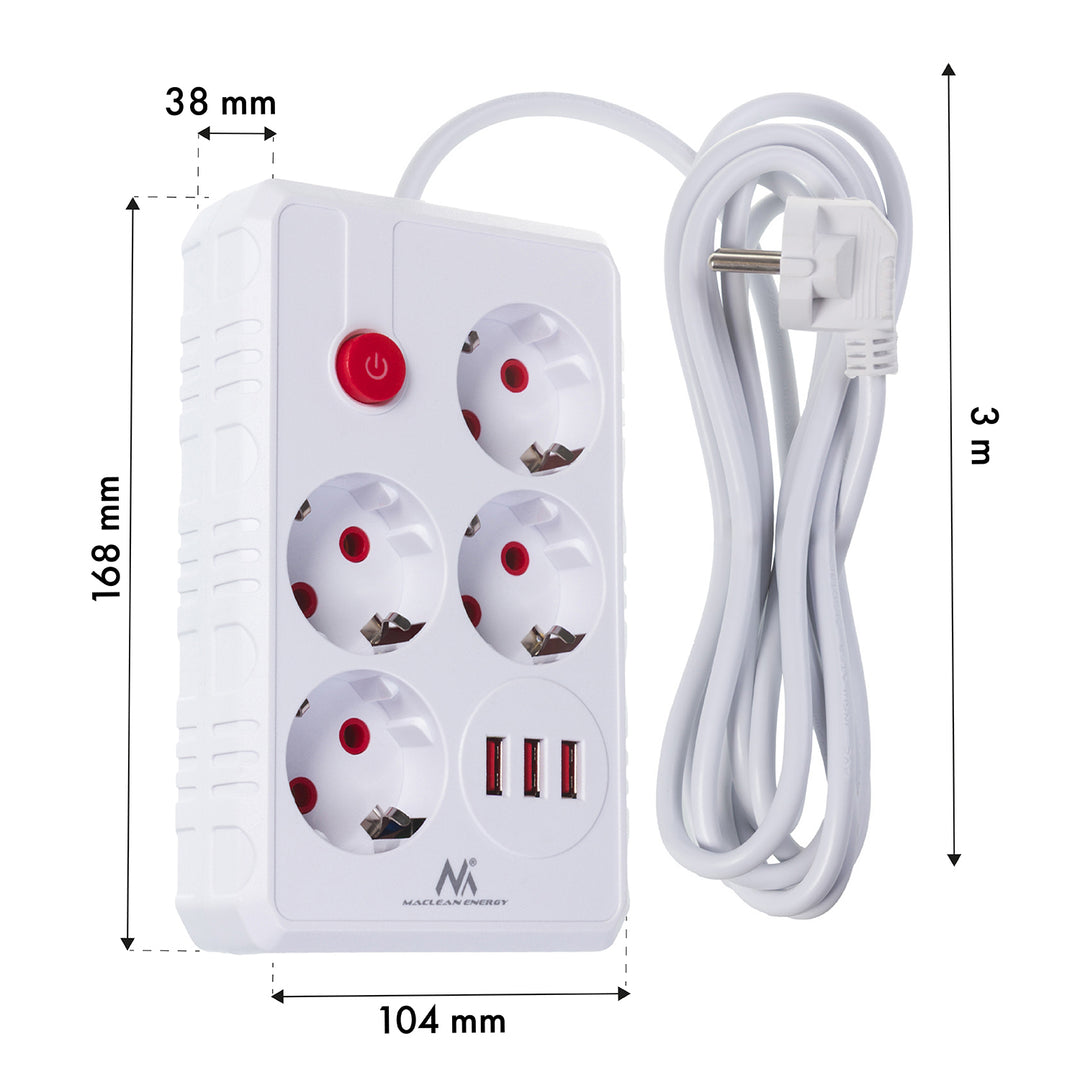 Maclean grenuttag, förlängningskabel 4 uttag + 3xUSB, 110-240V AC 50/60Hz, 2.1A max 2500W, 3m, vit, MCE393 W