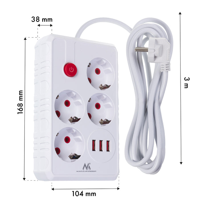 Maclean grenuttag, förlängningskabel 4 uttag + 3xUSB, 110-240V AC 50/60Hz, 2.1A max 2500W, 3m, vit, MCE393 W