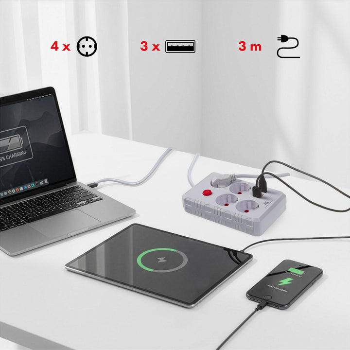 Maclean grenuttag, förlängningskabel 4 uttag + 3xUSB, 110-240V AC 50/60Hz, 2.1A max 2500W, 3m, vit, MCE393 W