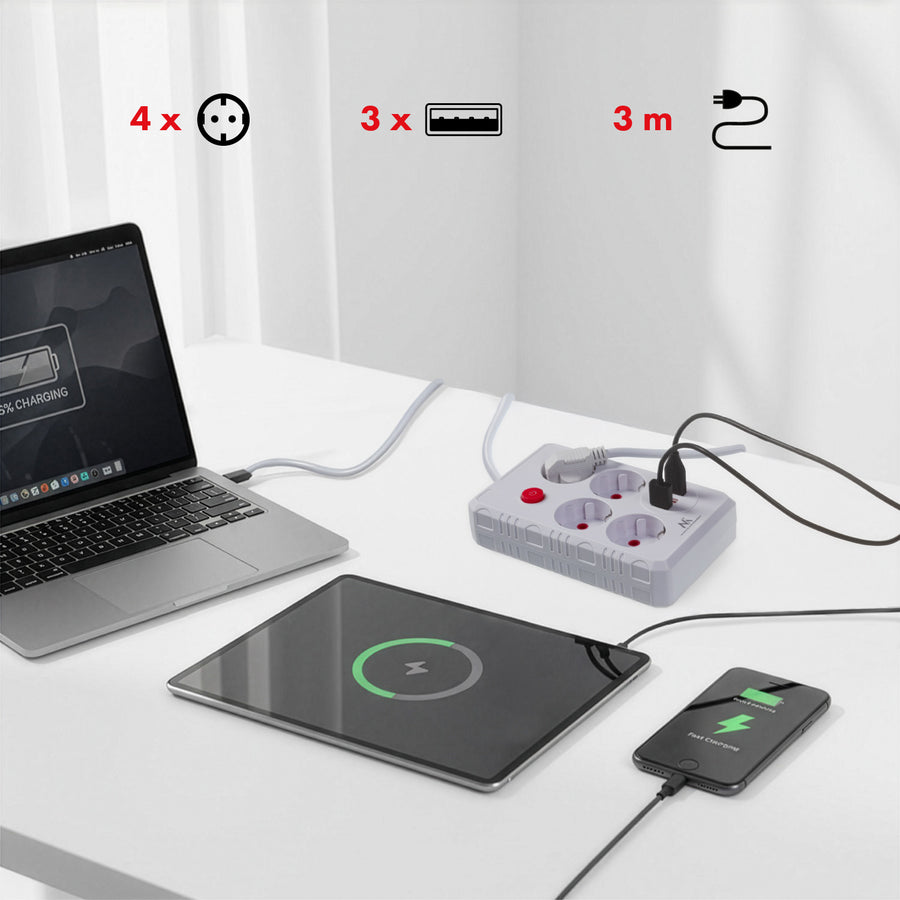 Maclean grenuttag, förlängningskabel 4 uttag + 3xUSB, 110-240V AC 50/60Hz, 2.1A max 2500W, 3m, vit, MCE393 W