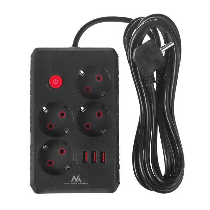 Maclean grenuttag, förlängningskabel 4 uttag + 3xUSB, 110-240V AC 50/60Hz, 2.1A max 2500W, 3m, svart, MCE393 B