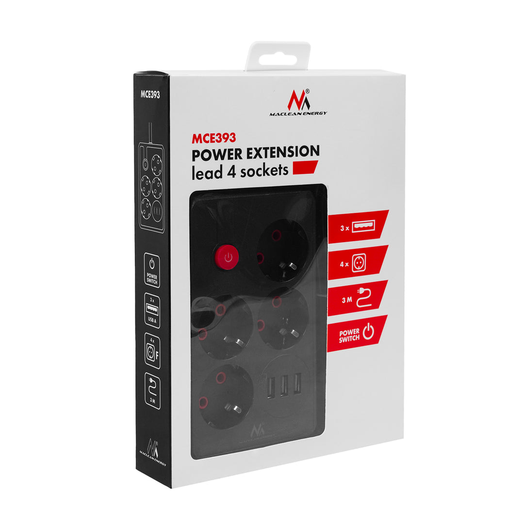 Maclean grenuttag, förlängningskabel 4 uttag + 3xUSB, 110-240V AC 50/60Hz, 2.1A max 2500W, 3m, svart, MCE393 B
