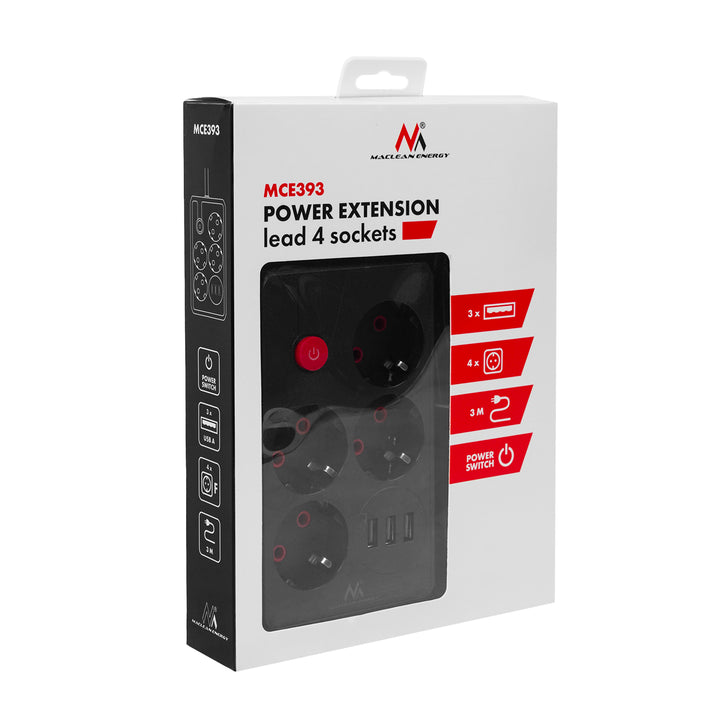 Maclean grenuttag, förlängningskabel 4 uttag + 3xUSB, 110-240V AC 50/60Hz, 2.1A max 2500W, 3m, svart, MCE393 B