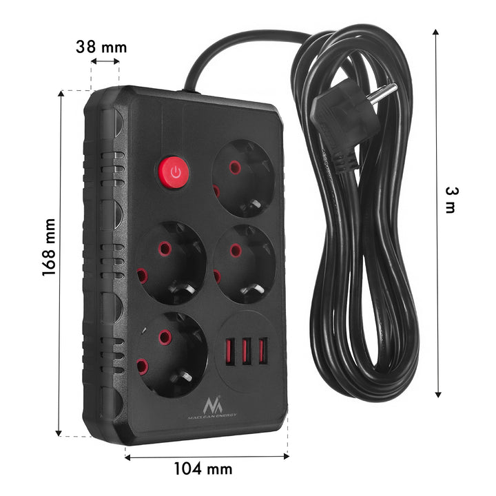 Maclean grenuttag, förlängningskabel 4 uttag + 3xUSB, 110-240V AC 50/60Hz, 2.1A max 2500W, 3m, svart, MCE393 B