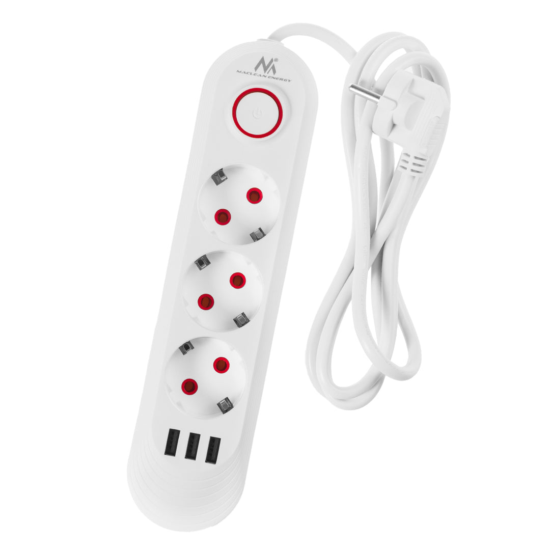 Maclean grenuttag, förlängningskabel 3 uttag + 3xUSB, 110-240V AC 50/60Hz, 2.1A max 2500W, 1.5m, vit, MCE394 W