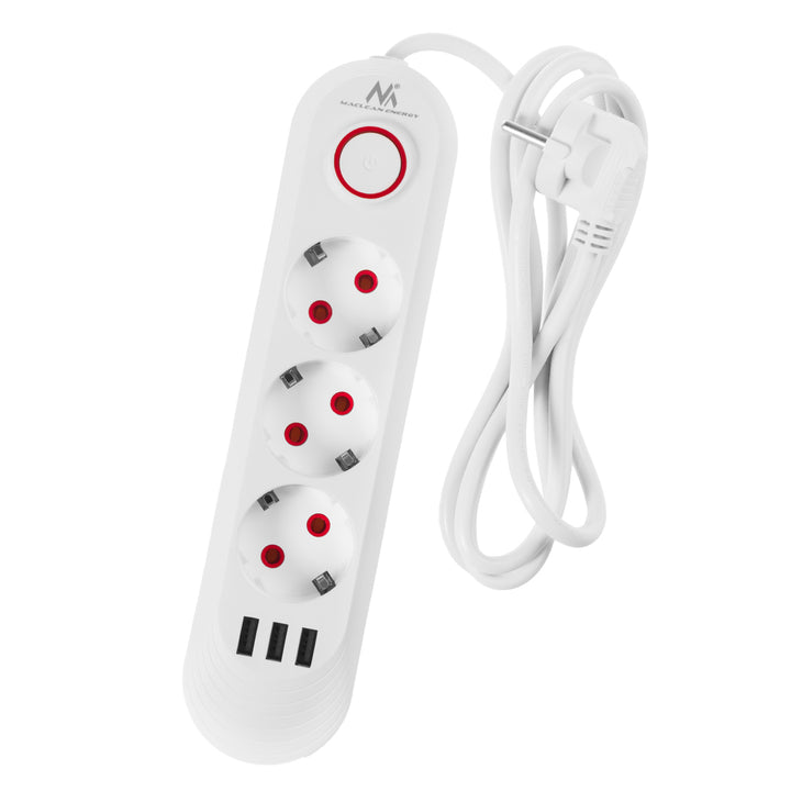 Maclean grenuttag, förlängningskabel 3 uttag + 3xUSB, 110-240V AC 50/60Hz, 2.1A max 2500W, 1.5m, vit, MCE394 W