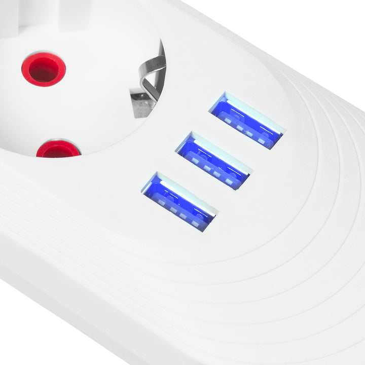 Maclean grenuttag, förlängningskabel 3 uttag + 3xUSB, 110-240V AC 50/60Hz, 2.1A max 2500W, 1.5m, vit, MCE394 W