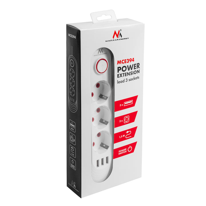 Maclean grenuttag, förlängningskabel 3 uttag + 3xUSB, 110-240V AC 50/60Hz, 2.1A max 2500W, 1.5m, vit, MCE394 W