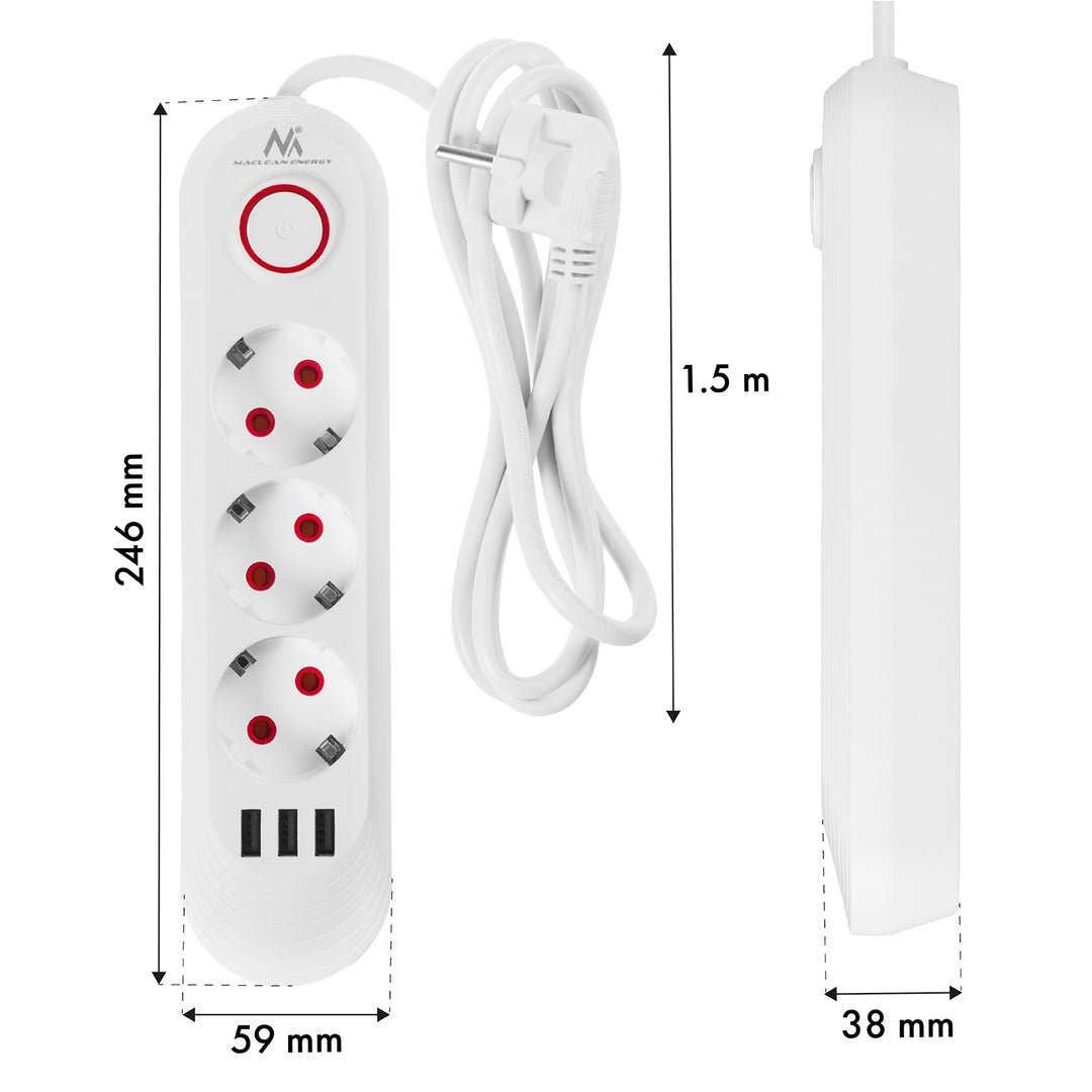 Maclean grenuttag, förlängningskabel 3 uttag + 3xUSB, 110-240V AC 50/60Hz, 2.1A max 2500W, 1.5m, vit, MCE394 W