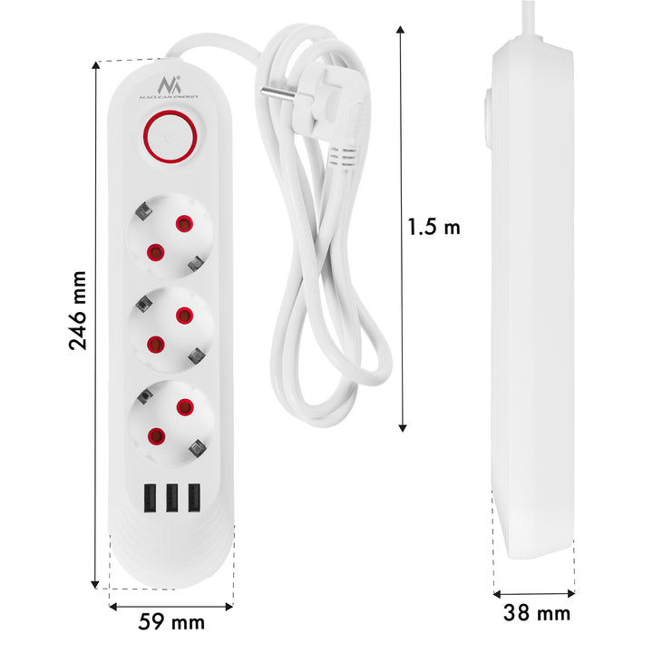 Maclean grenuttag, förlängningskabel 3 uttag + 3xUSB, 110-240V AC 50/60Hz, 2.1A max 2500W, 1.5m, vit, MCE394 W