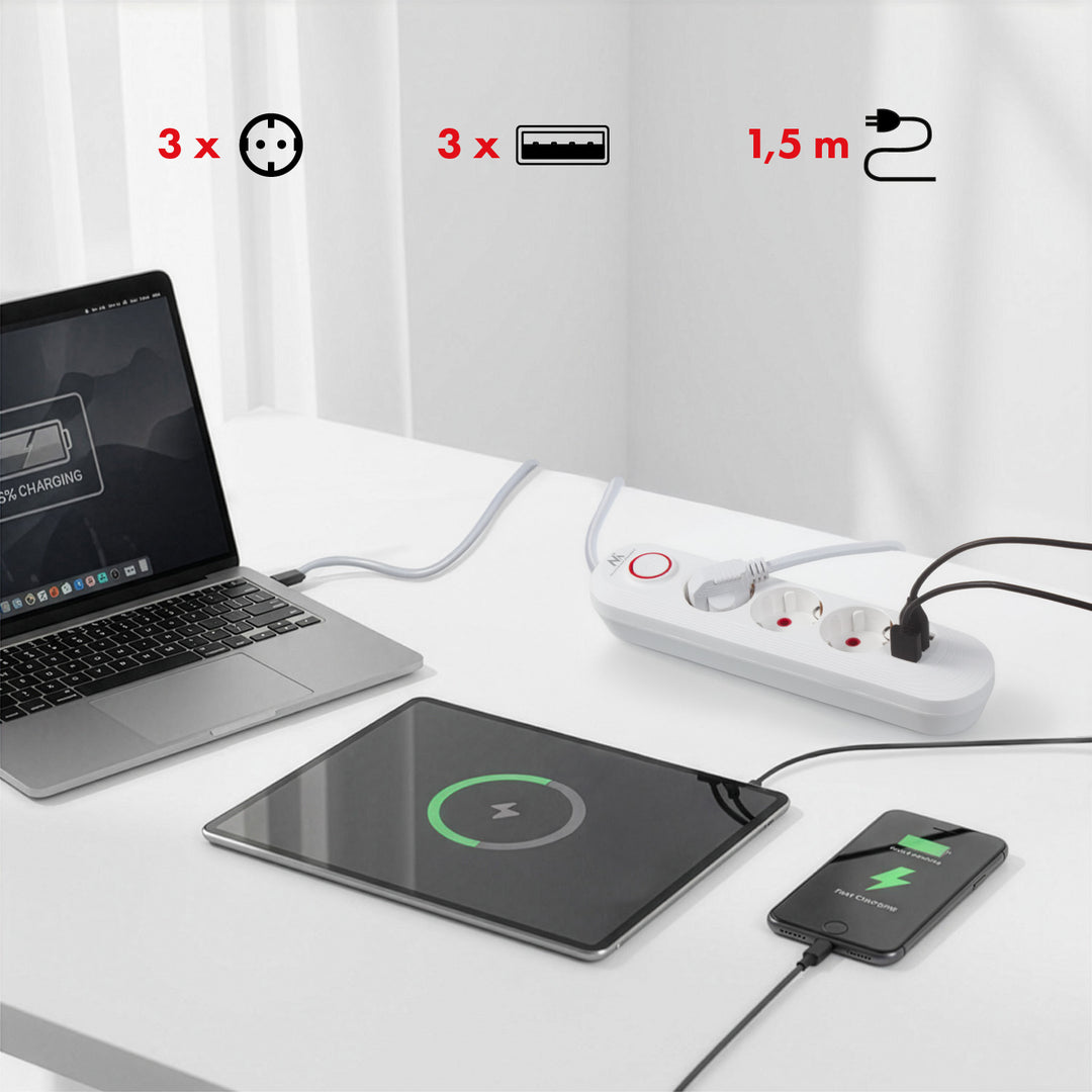 Maclean grenuttag, förlängningskabel 3 uttag + 3xUSB, 110-240V AC 50/60Hz, 2.1A max 2500W, 1.5m, vit, MCE394 W