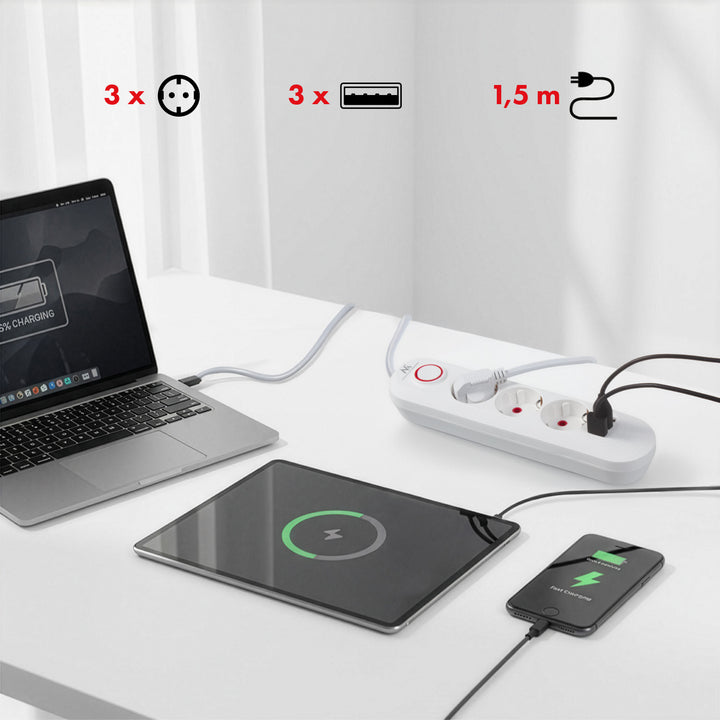 Maclean grenuttag, förlängningskabel 3 uttag + 3xUSB, 110-240V AC 50/60Hz, 2.1A max 2500W, 1.5m, vit, MCE394 W