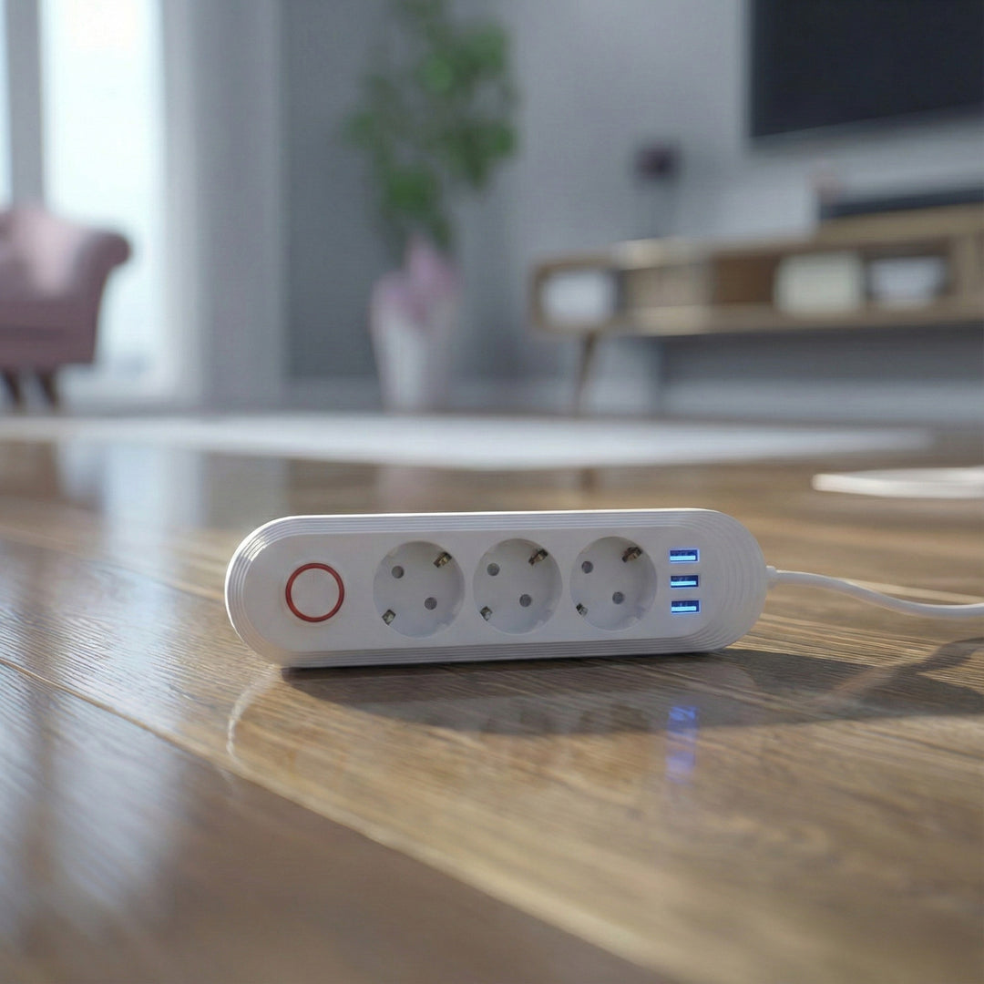 Maclean grenuttag, förlängningskabel 3 uttag + 3xUSB, 110-240V AC 50/60Hz, 2.1A max 2500W, 1.5m, vit, MCE394 W