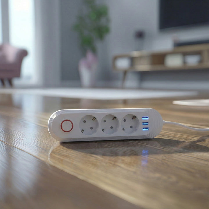 Maclean grenuttag, förlängningskabel 3 uttag + 3xUSB, 110-240V AC 50/60Hz, 2.1A max 2500W, 1.5m, vit, MCE394 W