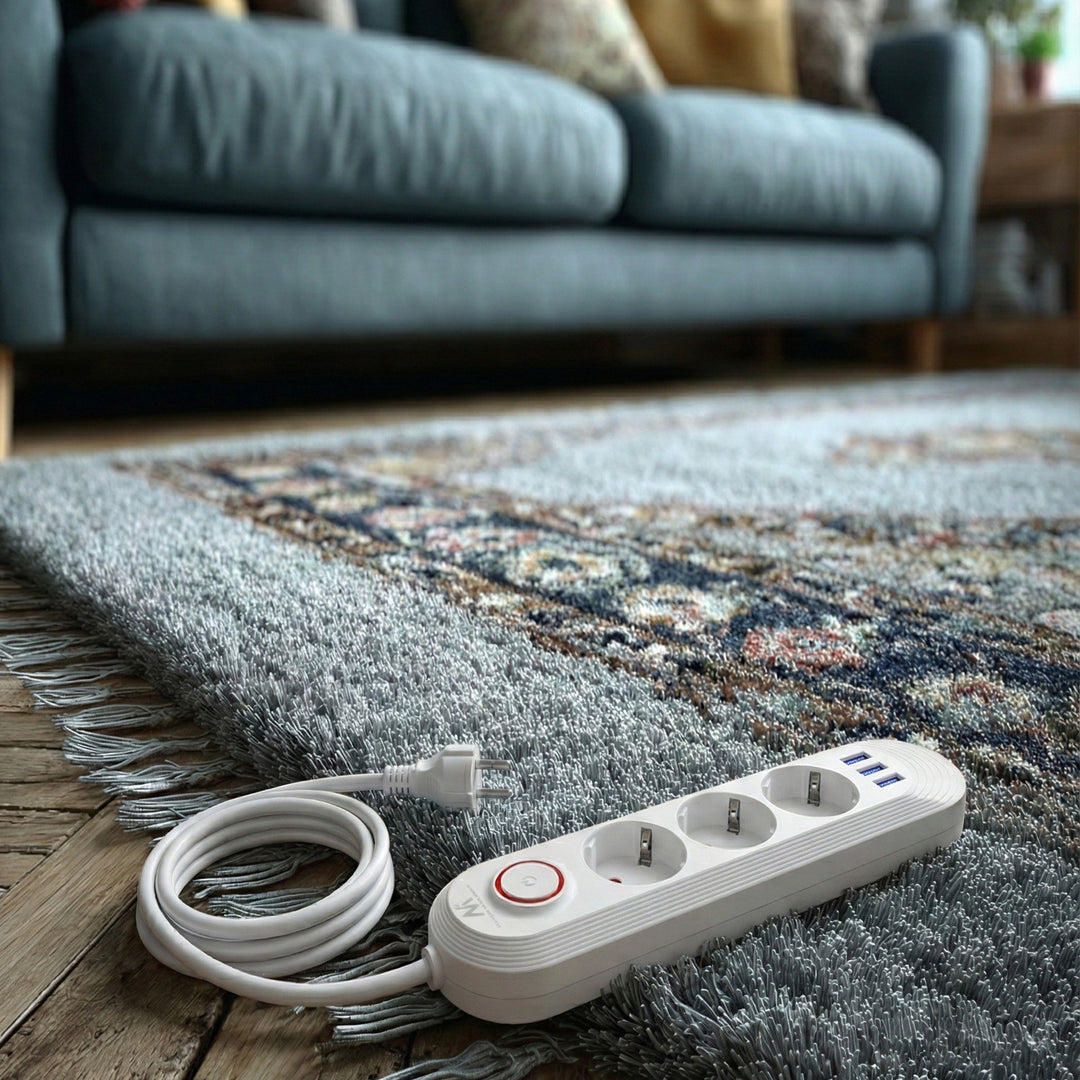Maclean grenuttag, förlängningskabel 3 uttag + 3xUSB, 110-240V AC 50/60Hz, 2.1A max 2500W, 1.5m, vit, MCE394 W
