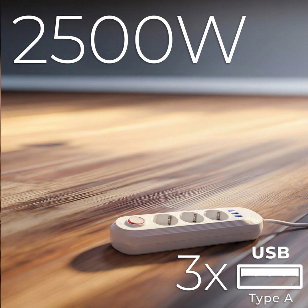 Maclean grenuttag, förlängningskabel 3 uttag + 3xUSB, 110-240V AC 50/60Hz, 2.1A max 2500W, 1.5m, vit, MCE394 W