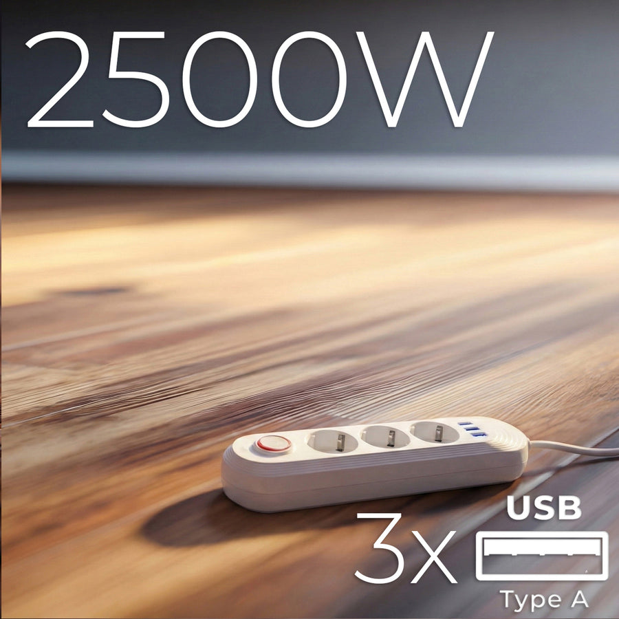 Maclean grenuttag, förlängningskabel 3 uttag + 3xUSB, 110-240V AC 50/60Hz, 2.1A max 2500W, 1.5m, vit, MCE394 W