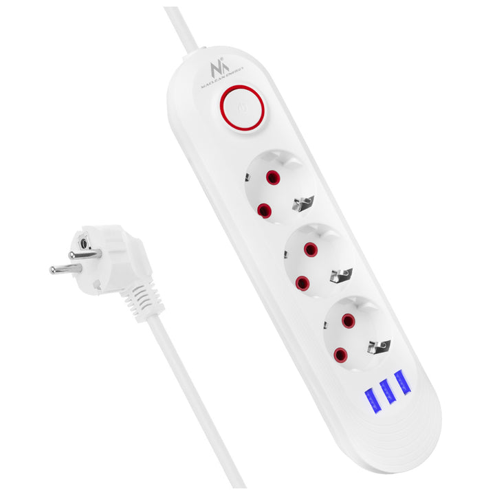 Maclean grenuttag, förlängningskabel 3 uttag + 3xUSB, 110-240V AC 50/60Hz, 2.1A max 2500W, 1.5m, vit, MCE394 W