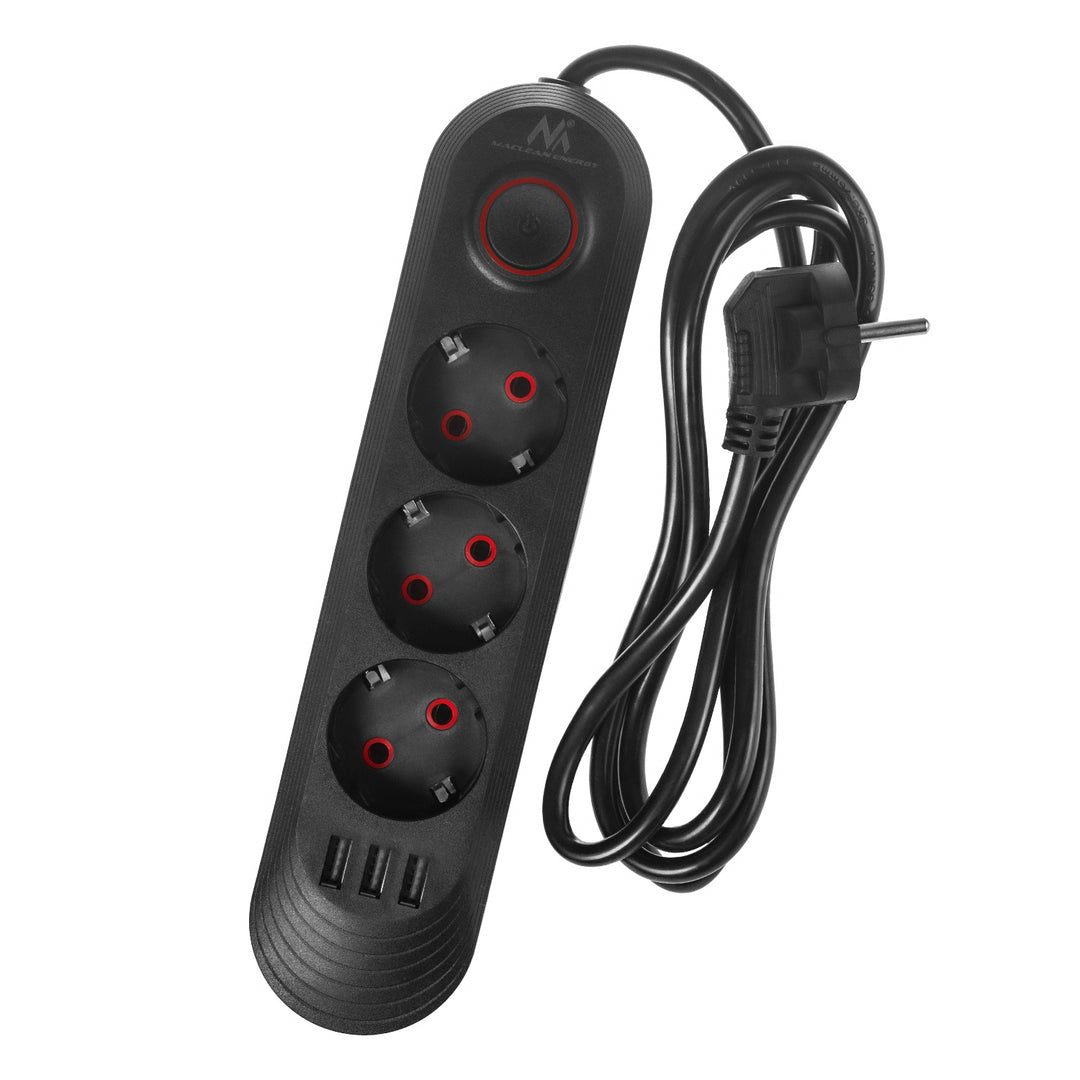 Maclean grenuttag, förlängningskabel 3 uttag + 3xUSB, 110-240V AC 50/60Hz, 2.1A max 2500W, 1.5m, svart, MCE394 B