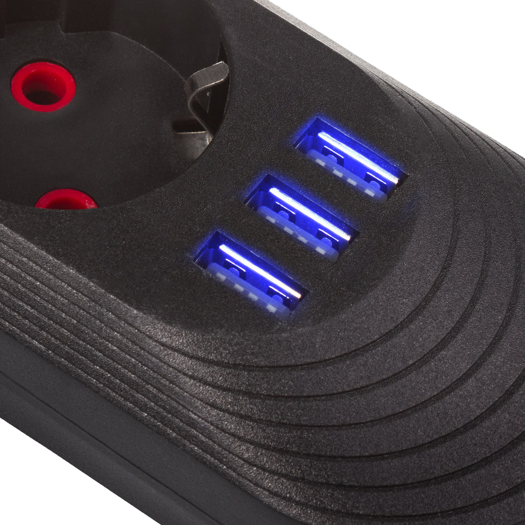 Maclean grenuttag, förlängningskabel 3 uttag + 3xUSB, 110-240V AC 50/60Hz, 2.1A max 2500W, 1.5m, svart, MCE394 B