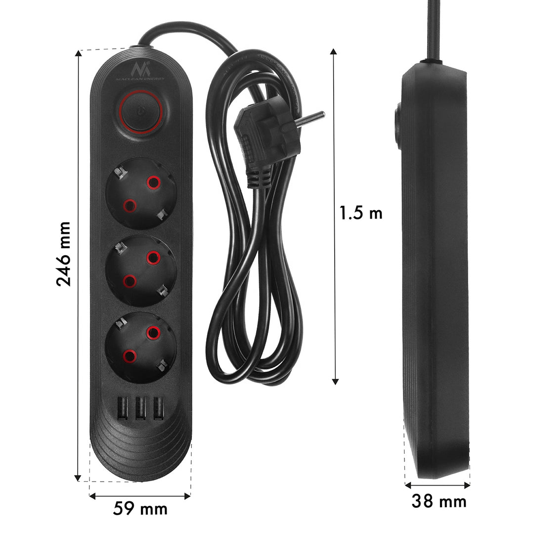 Maclean grenuttag, förlängningskabel 3 uttag + 3xUSB, 110-240V AC 50/60Hz, 2.1A max 2500W, 1.5m, svart, MCE394 B