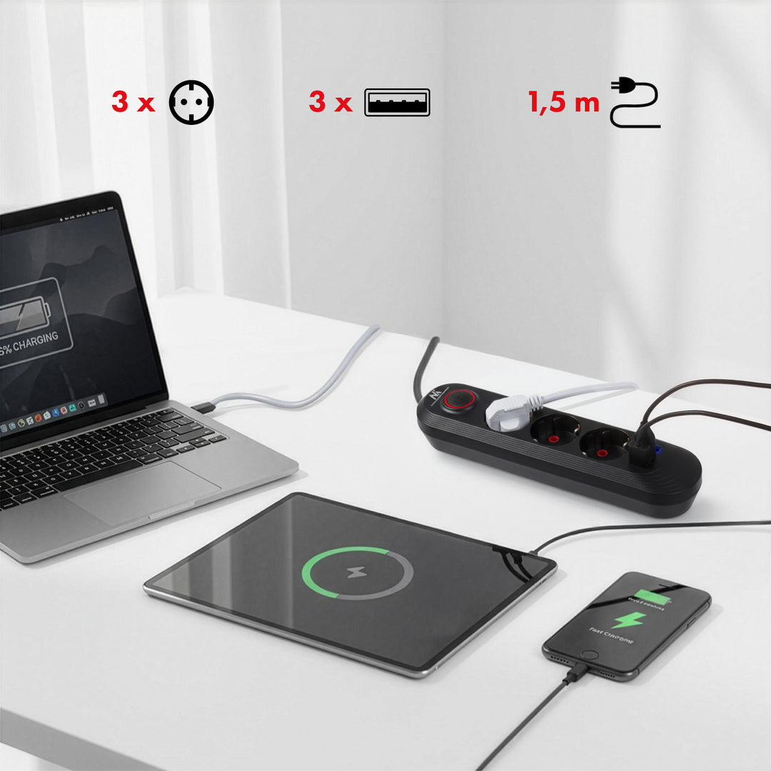 Maclean grenuttag, förlängningskabel 3 uttag + 3xUSB, 110-240V AC 50/60Hz, 2.1A max 2500W, 1.5m, svart, MCE394 B