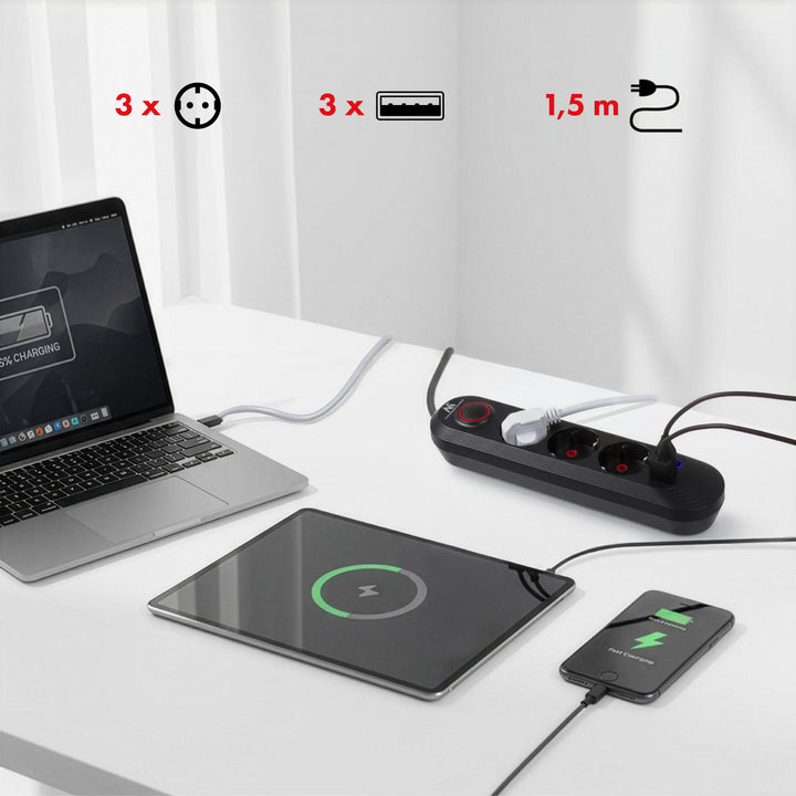Maclean grenuttag, förlängningskabel 3 uttag + 3xUSB, 110-240V AC 50/60Hz, 2.1A max 2500W, 1.5m, svart, MCE394 B