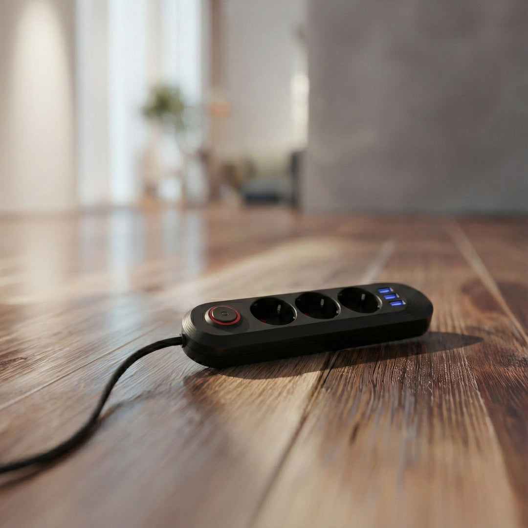 Maclean grenuttag, förlängningskabel 3 uttag + 3xUSB, 110-240V AC 50/60Hz, 2.1A max 2500W, 1.5m, svart, MCE394 B