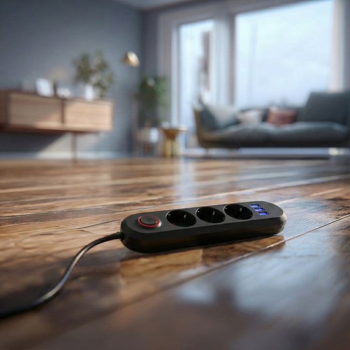 Maclean grenuttag, förlängningskabel 3 uttag + 3xUSB, 110-240V AC 50/60Hz, 2.1A max 2500W, 1.5m, svart, MCE394 B