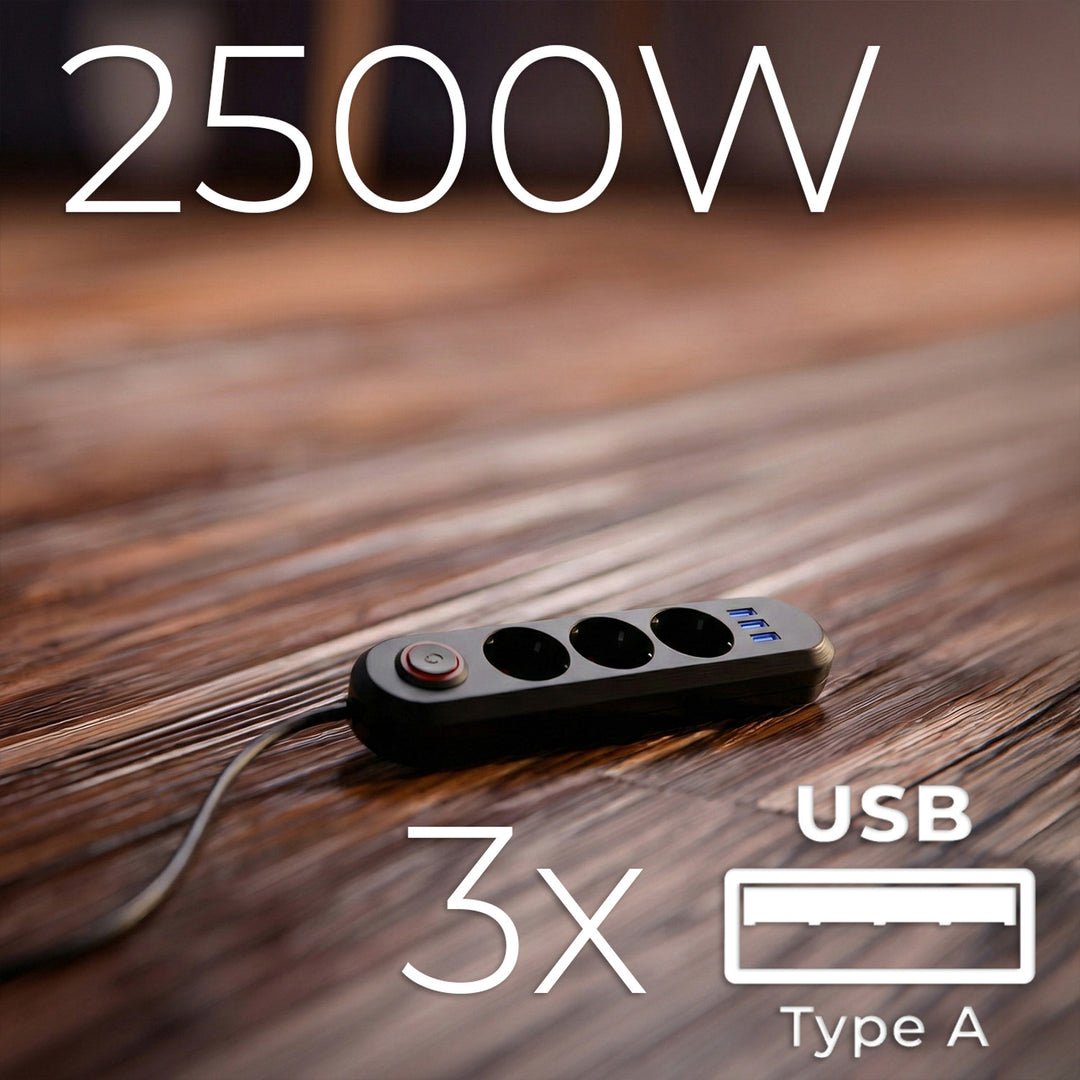 Maclean grenuttag, förlängningskabel 3 uttag + 3xUSB, 110-240V AC 50/60Hz, 2.1A max 2500W, 1.5m, svart, MCE394 B