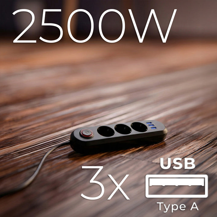 Maclean grenuttag, förlängningskabel 3 uttag + 3xUSB, 110-240V AC 50/60Hz, 2.1A max 2500W, 1.5m, svart, MCE394 B
