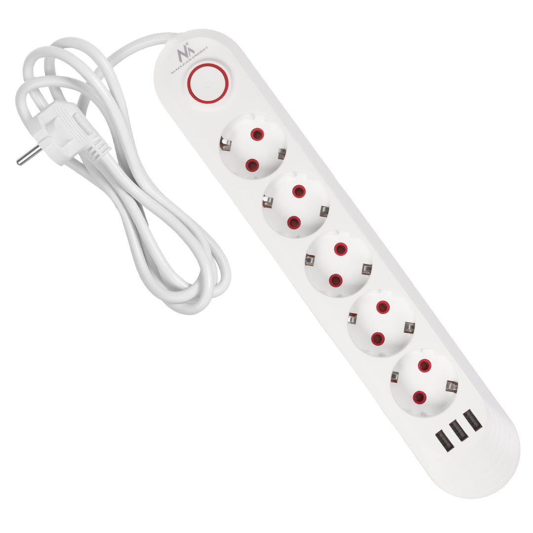 Maclean grenuttag, förlängningskabel 5 uttag + 3xUSB, 110-240V AC 50/60Hz, 2,1A max 2500W, 1,5m, vit, MCE395 W