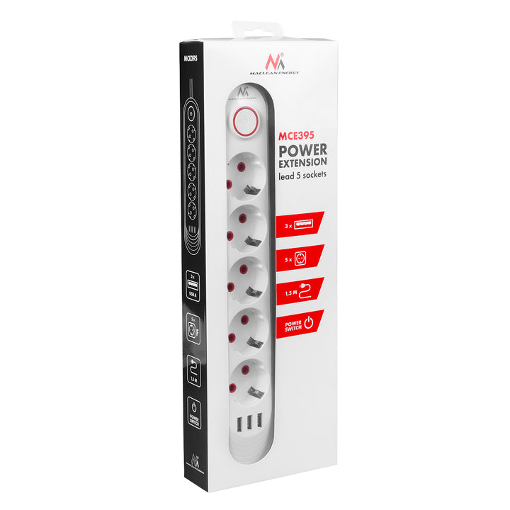 Maclean grenuttag, förlängningskabel 5 uttag + 3xUSB, 110-240V AC 50/60Hz, 2,1A max 2500W, 1,5m, vit, MCE395 W