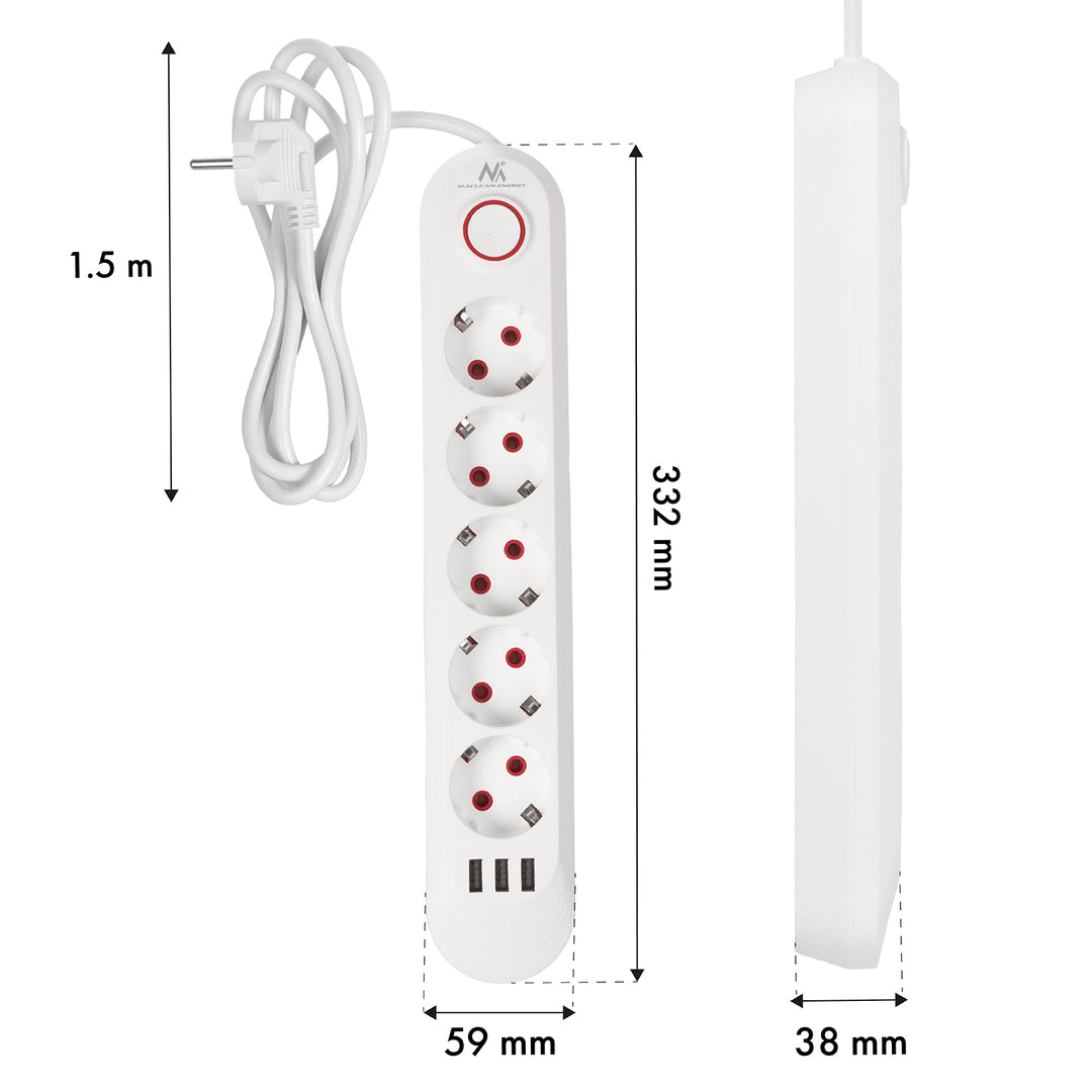 Maclean grenuttag, förlängningskabel 5 uttag + 3xUSB, 110-240V AC 50/60Hz, 2,1A max 2500W, 1,5m, vit, MCE395 W