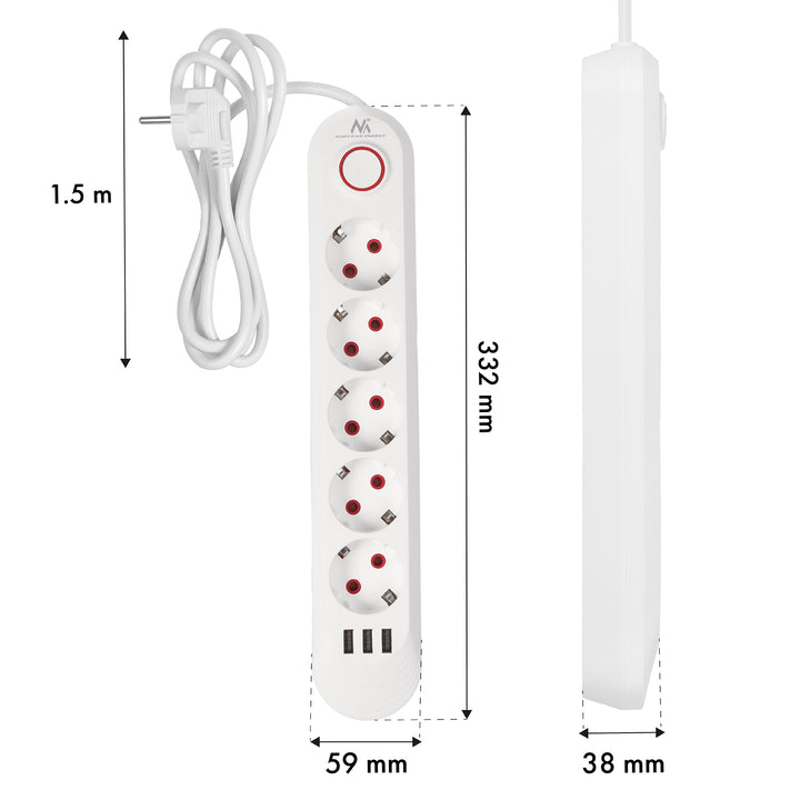 Maclean grenuttag, förlängningskabel 5 uttag + 3xUSB, 110-240V AC 50/60Hz, 2,1A max 2500W, 1,5m, vit, MCE395 W