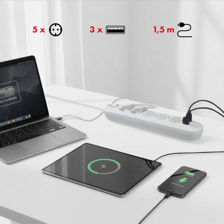 Maclean grenuttag, förlängningskabel 5 uttag + 3xUSB, 110-240V AC 50/60Hz, 2,1A max 2500W, 1,5m, vit, MCE395 W