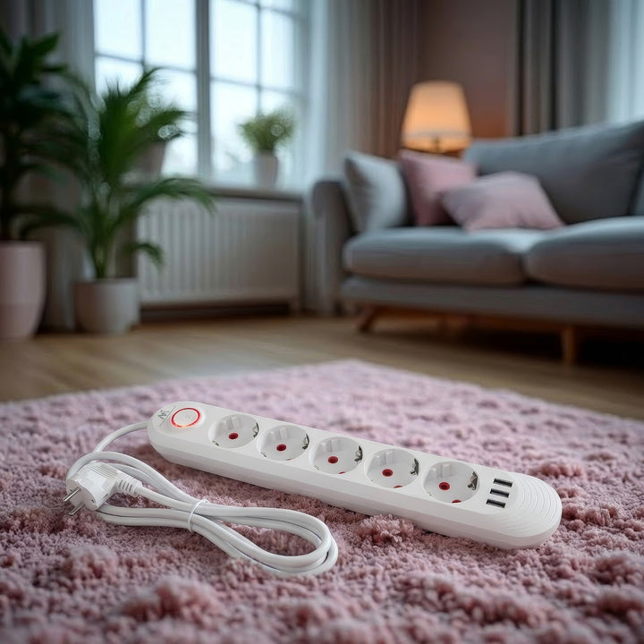 Maclean grenuttag, förlängningskabel 5 uttag + 3xUSB, 110-240V AC 50/60Hz, 2,1A max 2500W, 1,5m, vit, MCE395 W