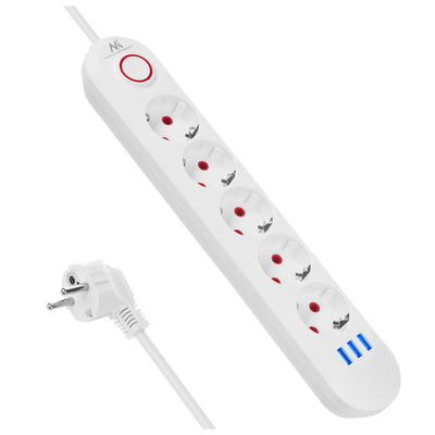 Maclean grenuttag, förlängningskabel 5 uttag + 3xUSB, 110-240V AC 50/60Hz, 2,1A max 2500W, 1,5m, vit, MCE395 W