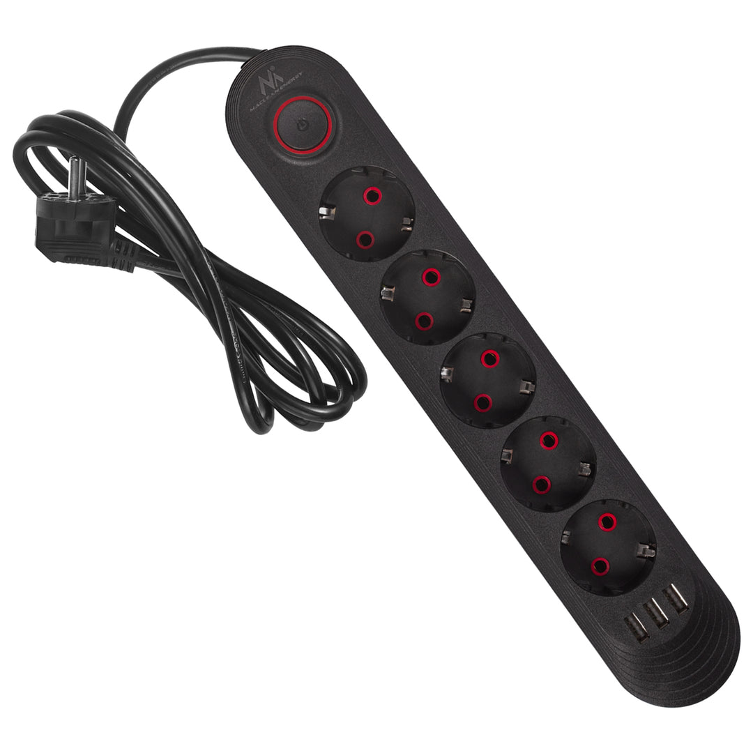 Maclean grenuttag, förlängningskabel 5 uttag + 3xUSB, 110-240V AC 50/60Hz, 2,1A max 2500W, 1,5m, svart, MCE395 B